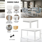 Set da pranzo rettangolare bianco a 7 posti con dettaglio a striscia di diamanti di cristallo (1 tavolo + 6 sedie)