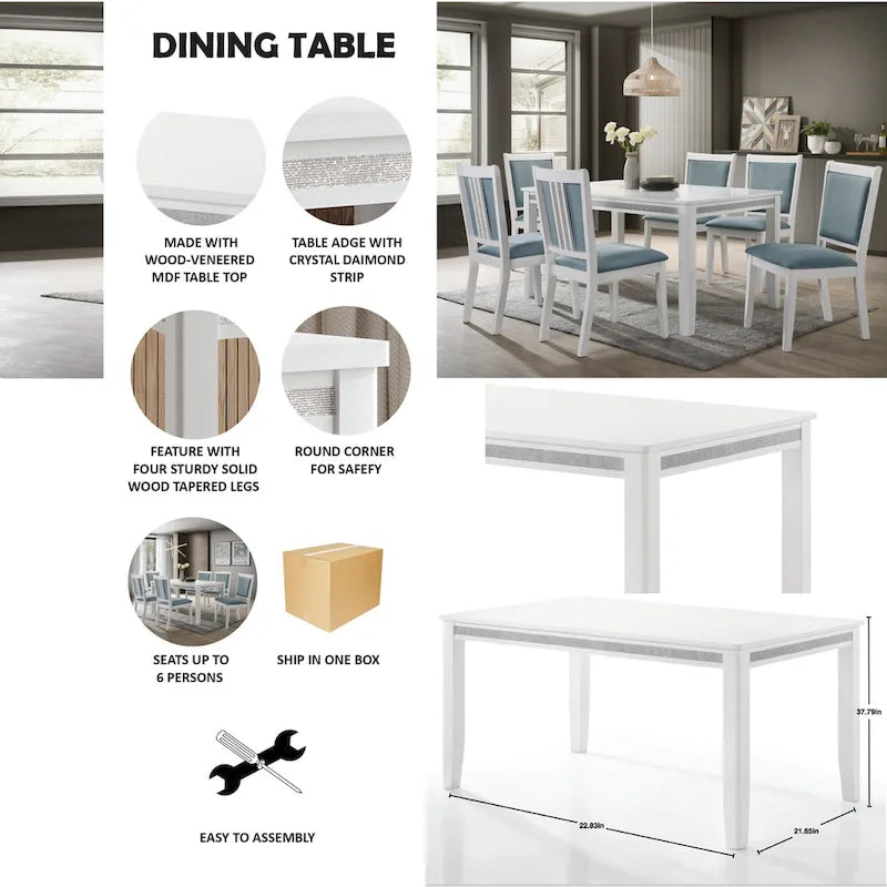 Set da pranzo rettangolare bianco a 7 posti con dettaglio a striscia di diamanti di cristallo (1 tavolo + 6 sedie)