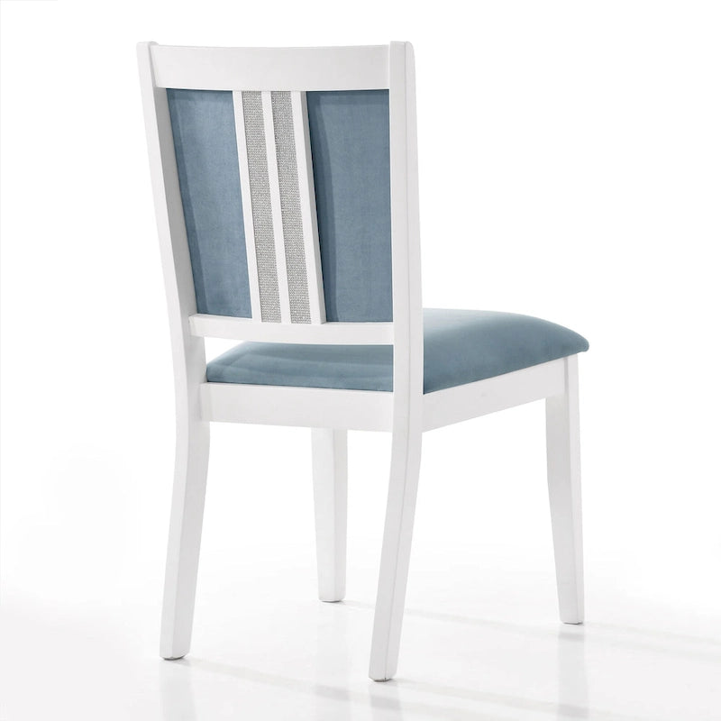 Set da pranzo rettangolare bianco a 7 posti con dettaglio a striscia di diamanti di cristallo (1 tavolo + 6 sedie)