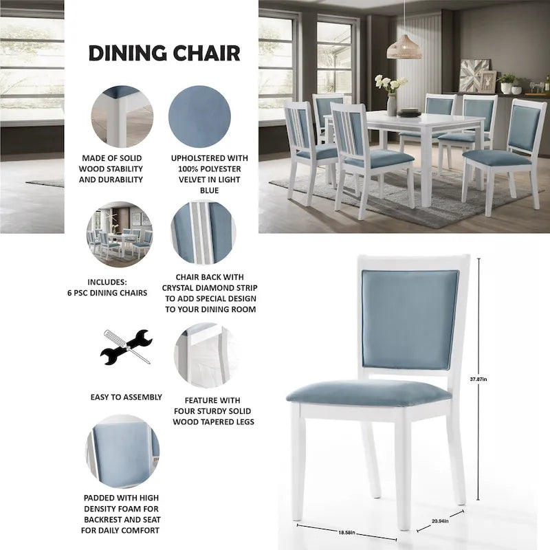 Set da pranzo rettangolare bianco a 7 posti con dettaglio a striscia di diamanti di cristallo (1 tavolo + 6 sedie)
