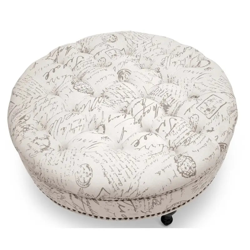 Pouf quadrato trapuntato in lino beige con gambe nere, 1 posto a sedere