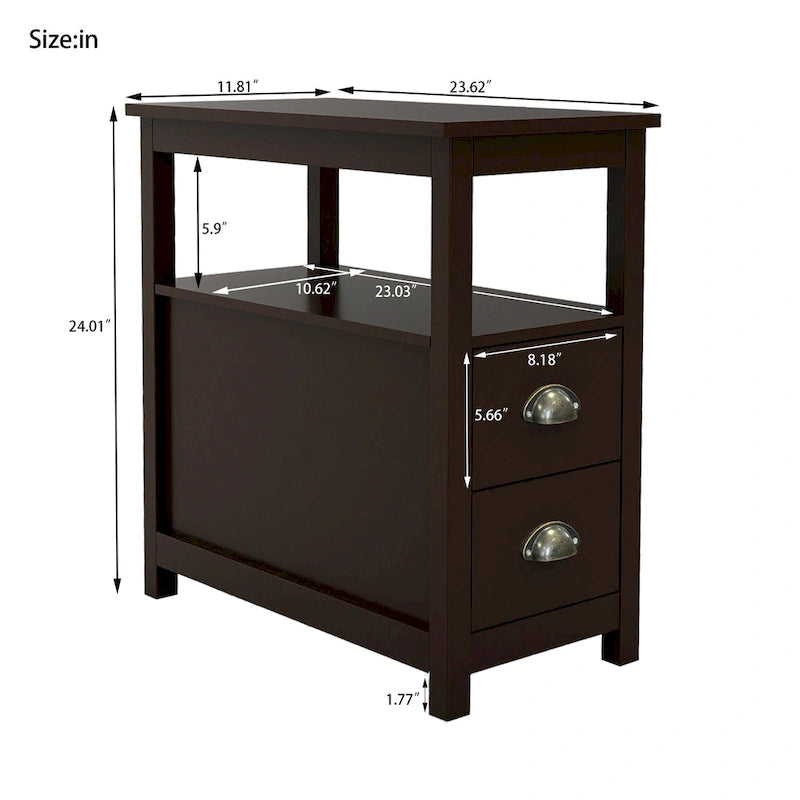 Tavolino stretto marrone con 2 cassetti e ripiano aperto, 1 persona
