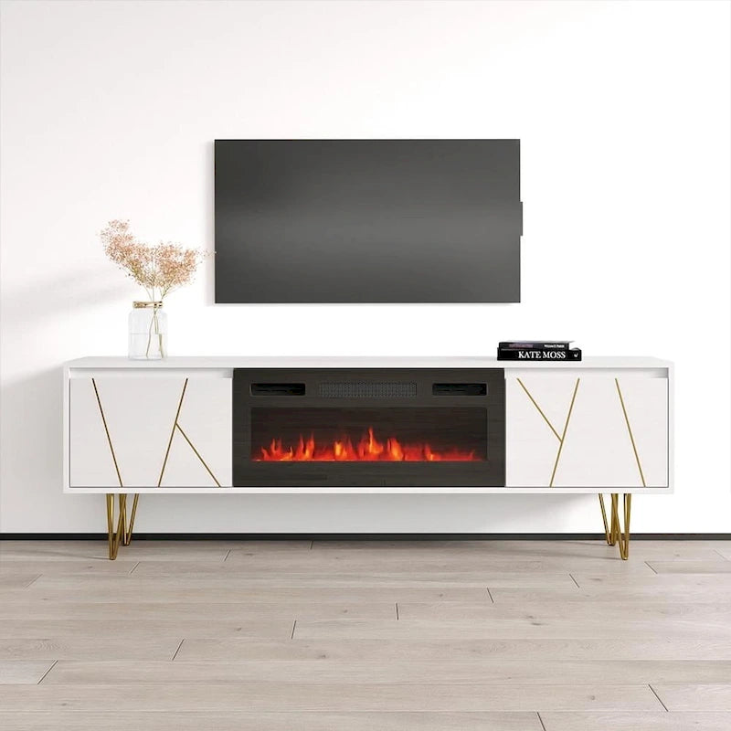 Mobile TV con caminetto elettrico moderno bianco e nero, adatto a TV fino a 80"
