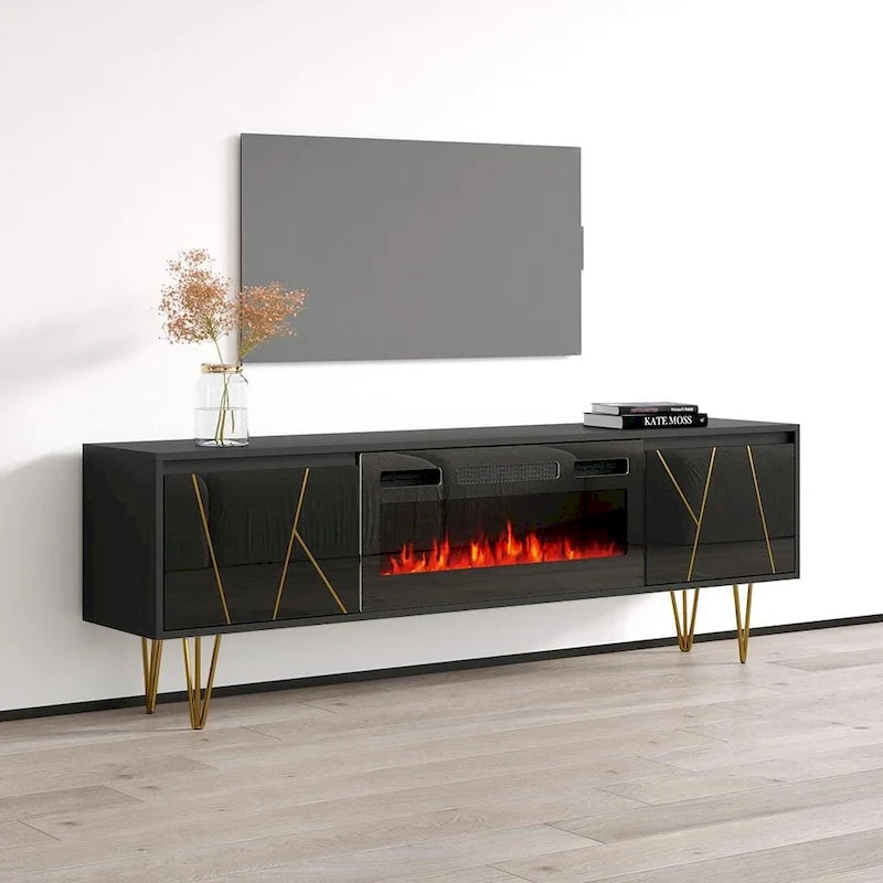 Mobile TV con caminetto elettrico moderno bianco e nero, adatto a TV fino a 80"
