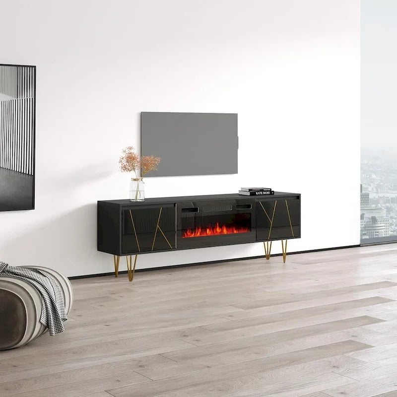 Mobile TV con caminetto elettrico moderno bianco e nero, adatto a TV fino a 80"