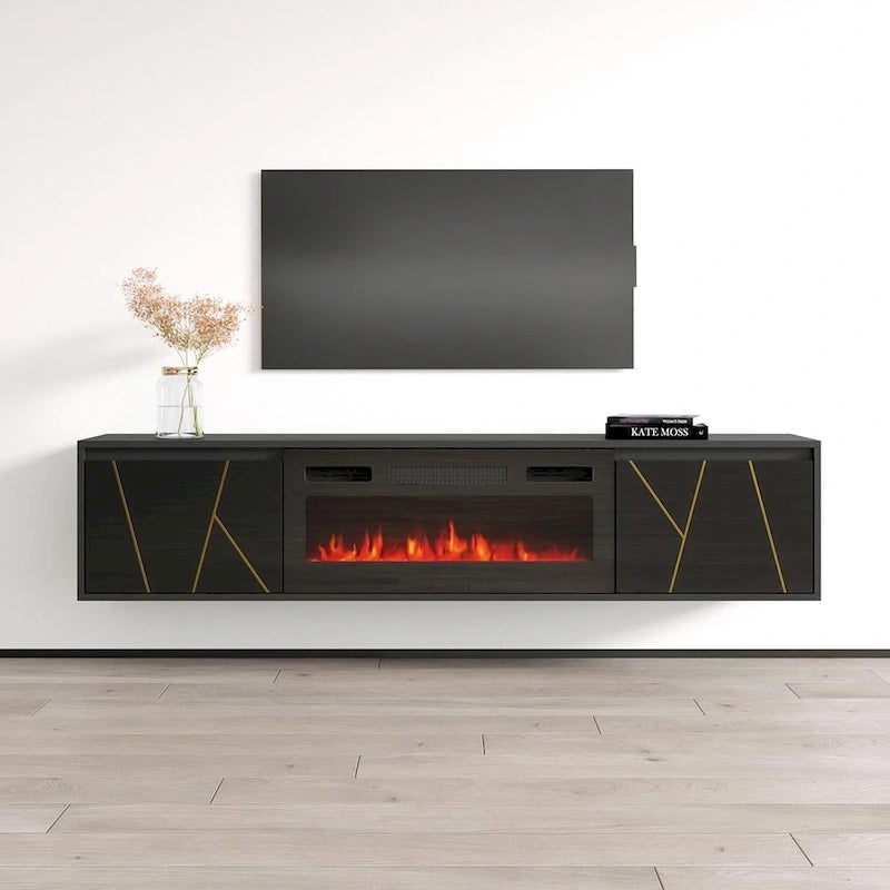 Mobile TV con caminetto elettrico moderno bianco e nero, adatto a TV fino a 80"