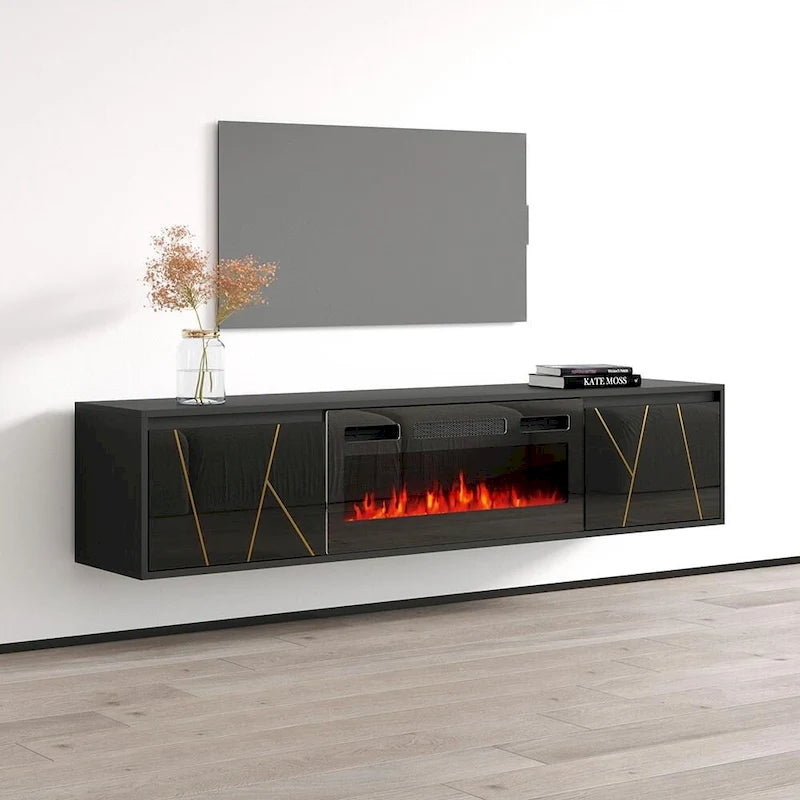 Mobile TV con caminetto elettrico moderno bianco e nero, adatto a TV fino a 80"
