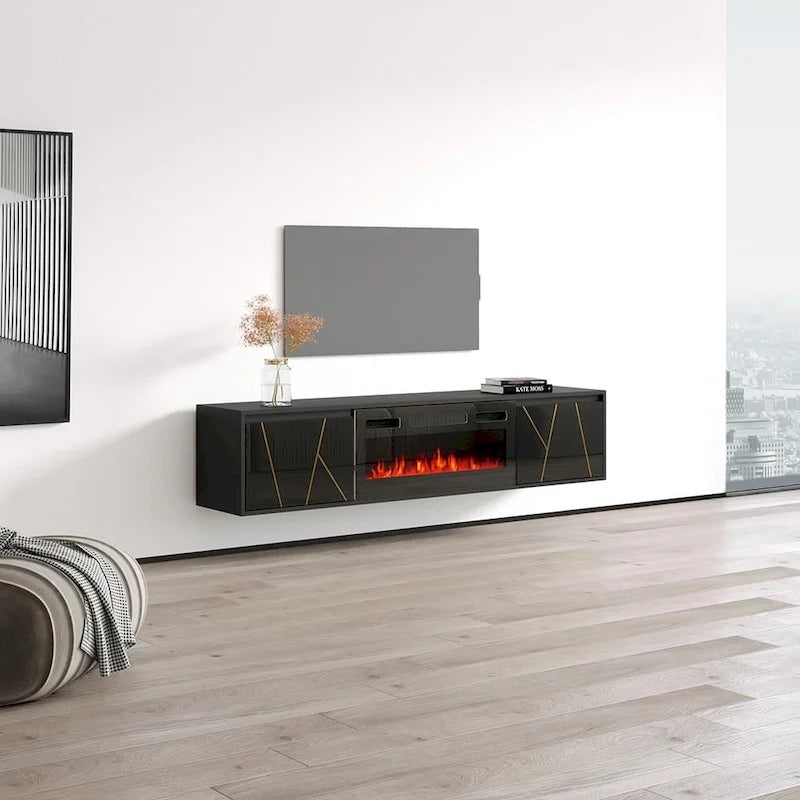 Mobile TV con caminetto elettrico moderno bianco e nero, adatto a TV fino a 80"