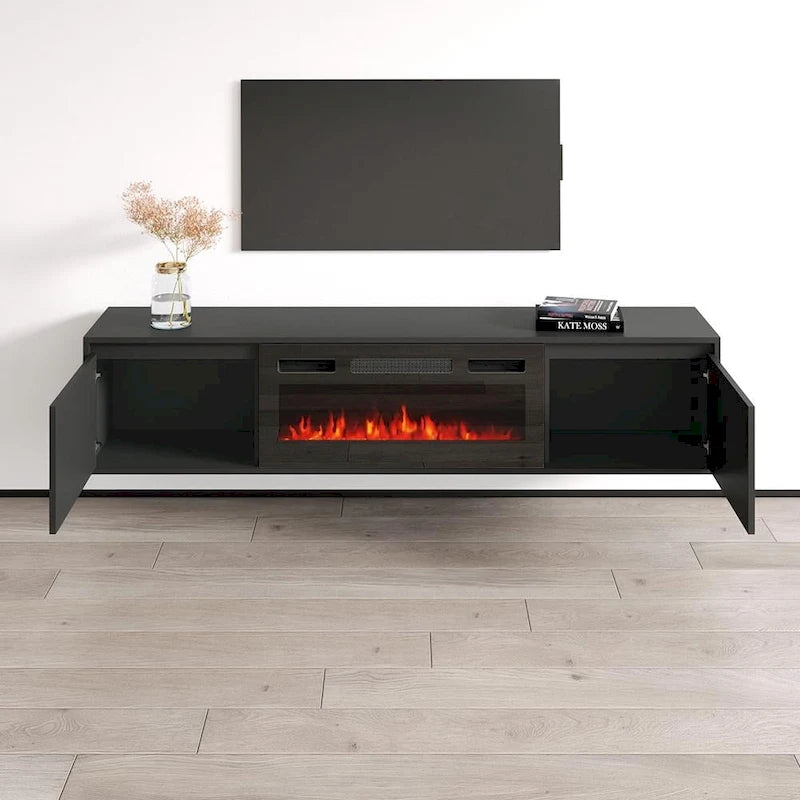 Mobile TV con caminetto elettrico moderno bianco e nero, adatto a TV fino a 80"