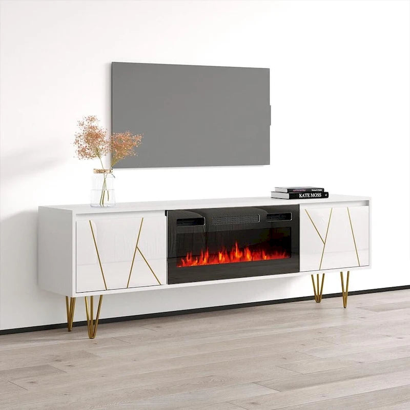 Mobile TV con caminetto elettrico moderno bianco e nero, adatto a TV fino a 80"