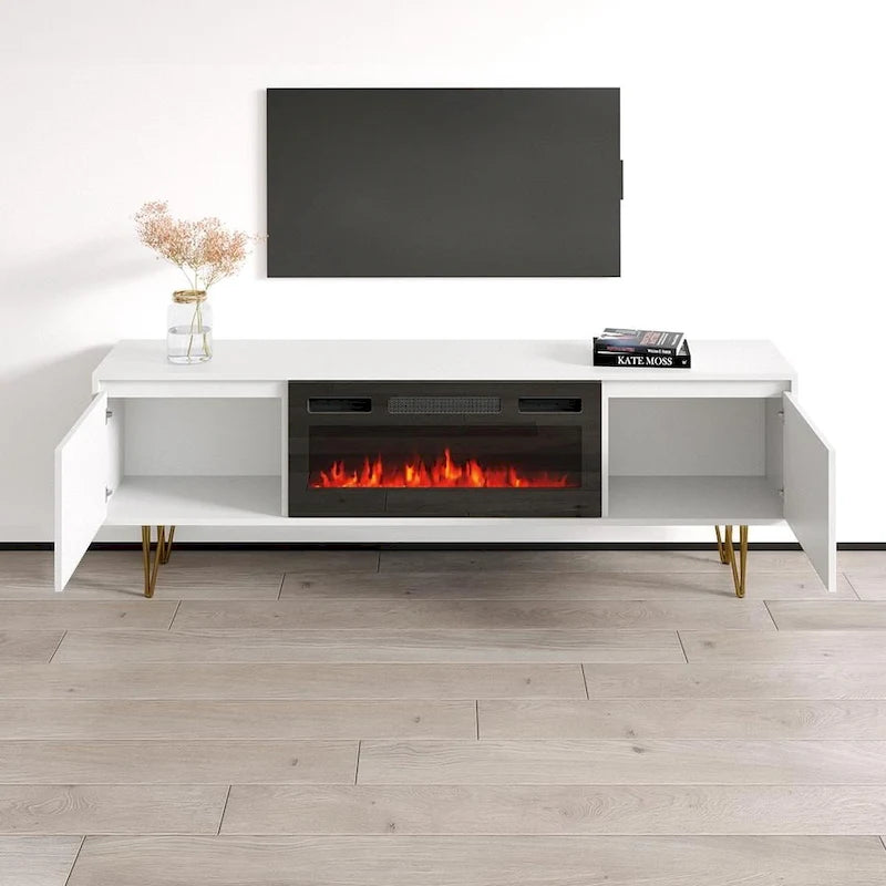 Mobile TV con caminetto elettrico moderno bianco e nero, adatto a TV fino a 80"