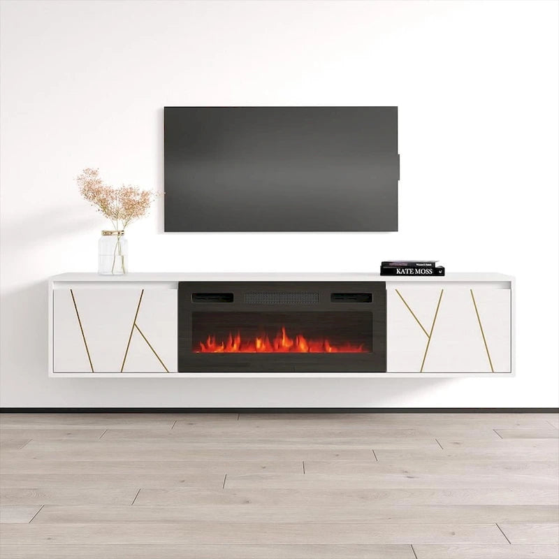 Mobile TV con caminetto elettrico moderno bianco e nero, adatto a TV fino a 80"
