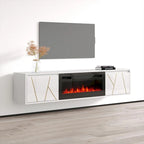 Mobile TV con caminetto elettrico moderno bianco e nero, adatto a TV fino a 80"