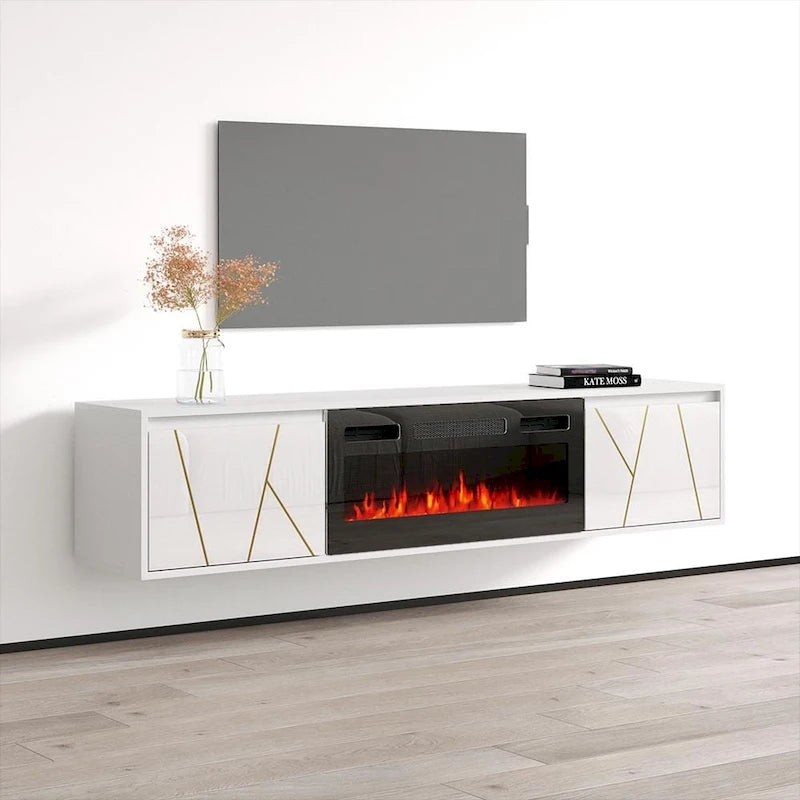 Mobile TV con caminetto elettrico moderno bianco e nero, adatto a TV fino a 80"