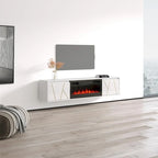 Mobile TV con caminetto elettrico moderno bianco e nero, adatto a TV fino a 80"