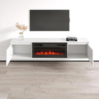 Mobile TV con caminetto elettrico moderno bianco e nero, adatto a TV fino a 80"