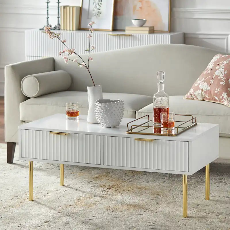 Tavolino da salotto con 2 cassetti, Bianco/Nero, Stile Mid-Century, Montaggio da 1 persona