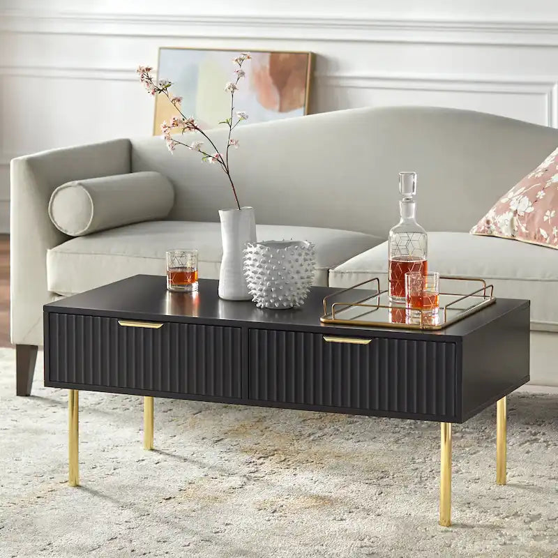 Tavolino da salotto con 2 cassetti, Bianco/Nero, Stile Mid-Century, Montaggio da 1 persona