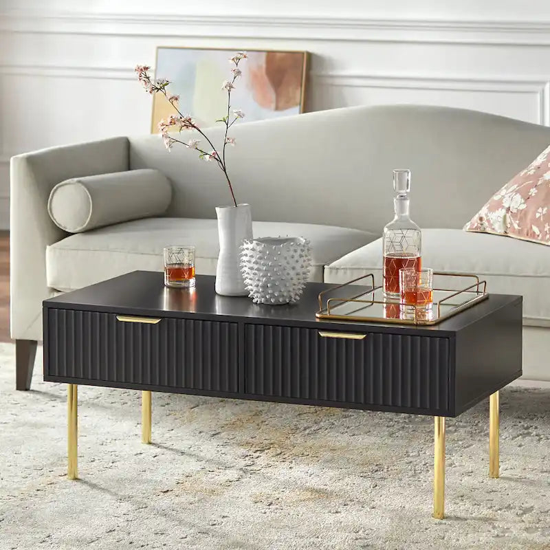 Tavolino da salotto con 2 cassetti, Bianco/Nero, Stile Mid-Century, Montaggio da 1 persona