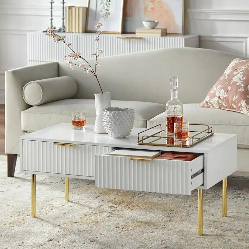 Tavolino da salotto con 2 cassetti, Bianco/Nero, Stile Mid-Century, Montaggio da 1 persona