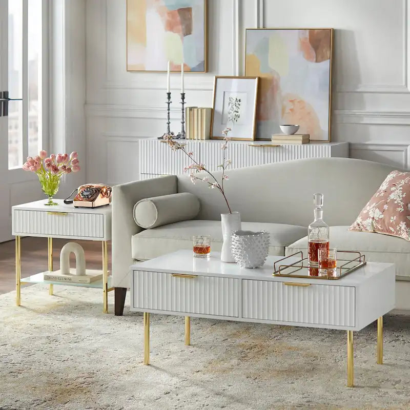 Tavolino da salotto con 2 cassetti, Bianco/Nero, Stile Mid-Century, Montaggio da 1 persona