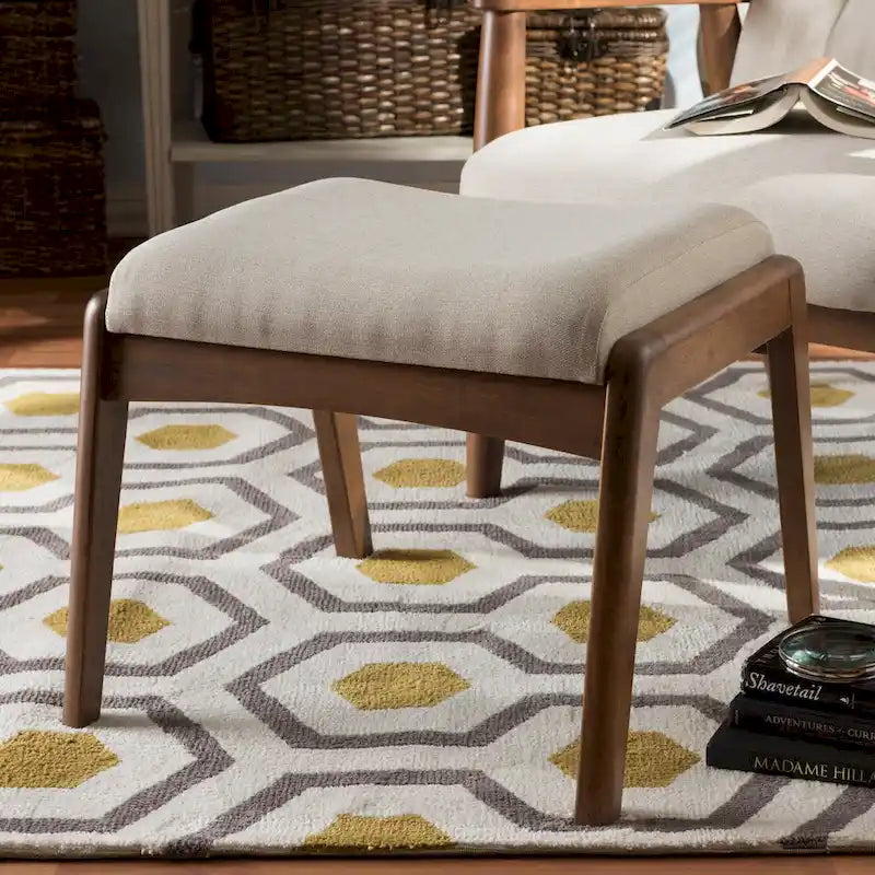 Pouf imbottito grigio/beige in stile Mid-Century, gambe in noce, 1 persona