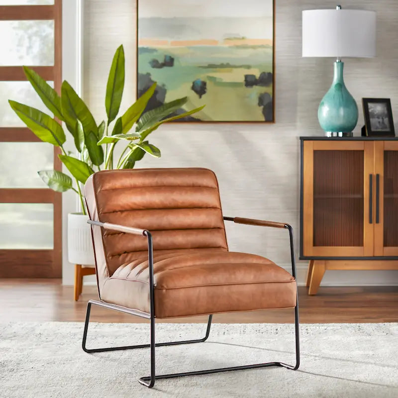Poltrona d'accento Mid-Century a coste in similpelle – Marrone scuro / Grigio / Cammello, 1 posto