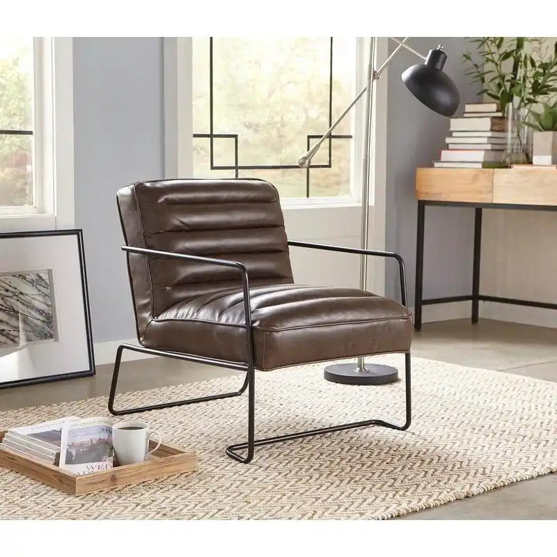 Poltrona d'accento Mid-Century a coste in similpelle – Marrone scuro / Grigio / Cammello, 1 posto