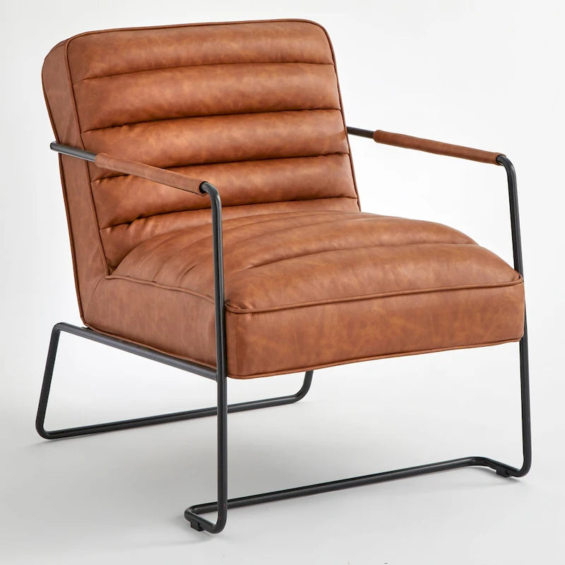 Poltrona d'accento Mid-Century a coste in similpelle – Marrone scuro / Grigio / Cammello, 1 posto