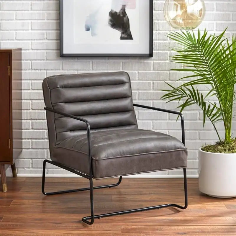 Poltrona d'accento Mid-Century a coste in similpelle – Marrone scuro / Grigio / Cammello, 1 posto