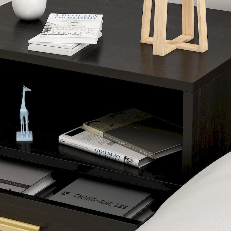 Comodino moderno bianco/nero, 1 cassetto + ripiano aperto, singolo