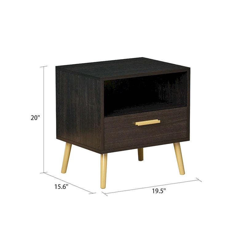 Comodino moderno bianco/nero, 1 cassetto + ripiano aperto, singolo