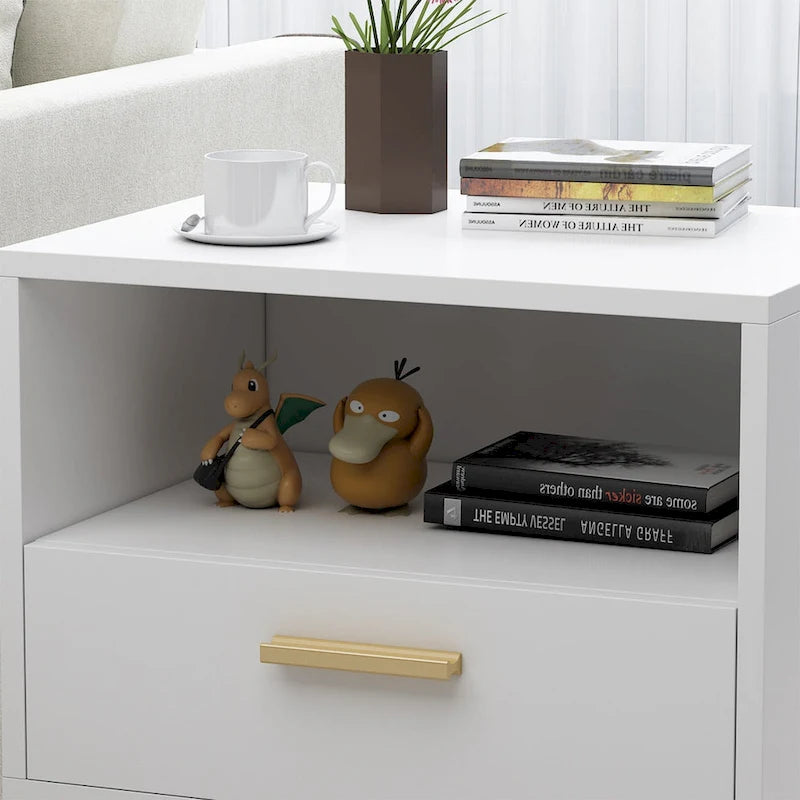 Comodino moderno bianco/nero, 1 cassetto + ripiano aperto, singolo