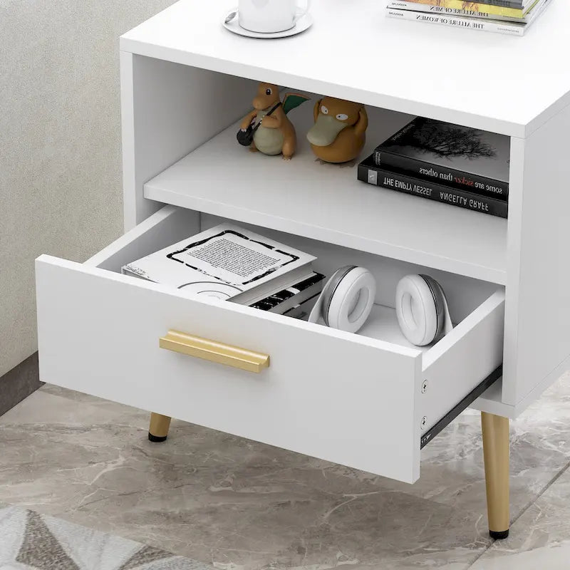 Comodino moderno bianco/nero, 1 cassetto + ripiano aperto, singolo