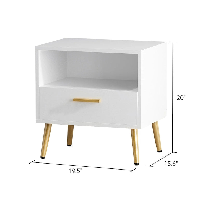 Comodino moderno bianco/nero, 1 cassetto + ripiano aperto, singolo
