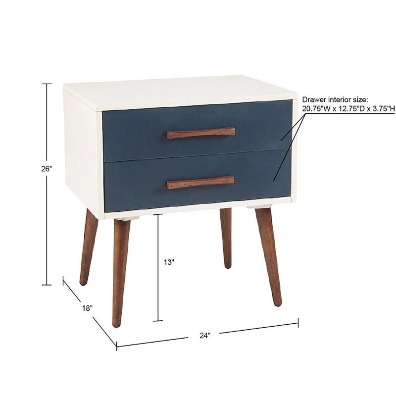 Comodino a 2 cassetti Off-White / Blu scuro e Grigio, Singolo