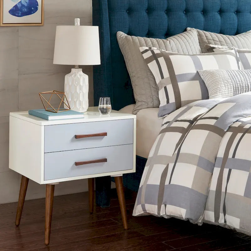 Comodino a 2 cassetti Off-White / Blu scuro e Grigio, Singolo