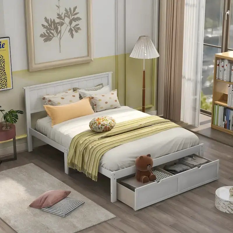 Letto a piattaforma grande grigio/bianco con 2 cassetti portaoggetti, per 1-2 persone