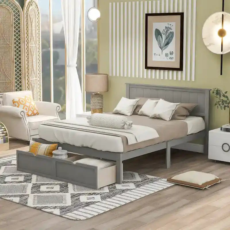 Letto a piattaforma grande grigio/bianco con 2 cassetti portaoggetti, per 1-2 persone