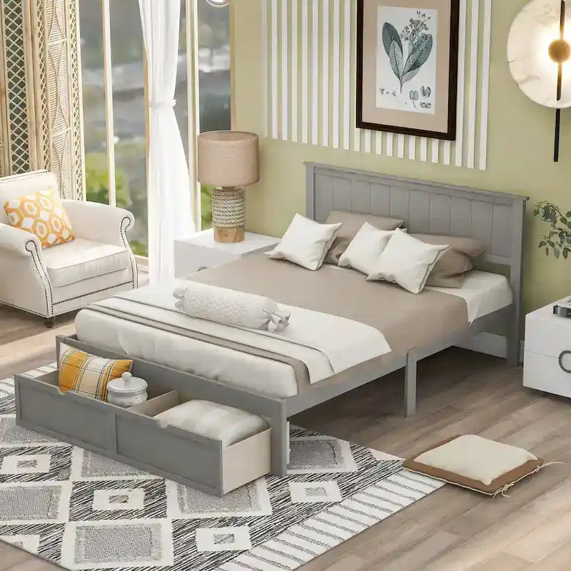Letto a piattaforma grande grigio/bianco con 2 cassetti portaoggetti, per 1-2 persone