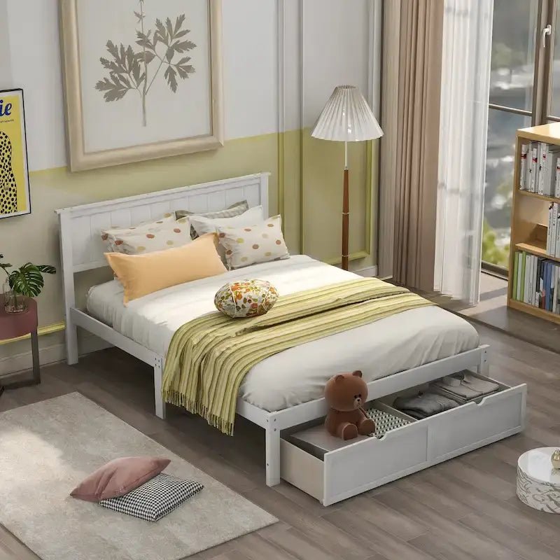Letto a piattaforma grande grigio/bianco con 2 cassetti portaoggetti, per 1-2 persone