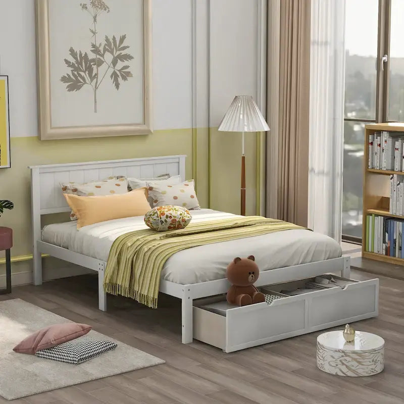 Letto a piattaforma grande grigio/bianco con 2 cassetti portaoggetti, per 1-2 persone