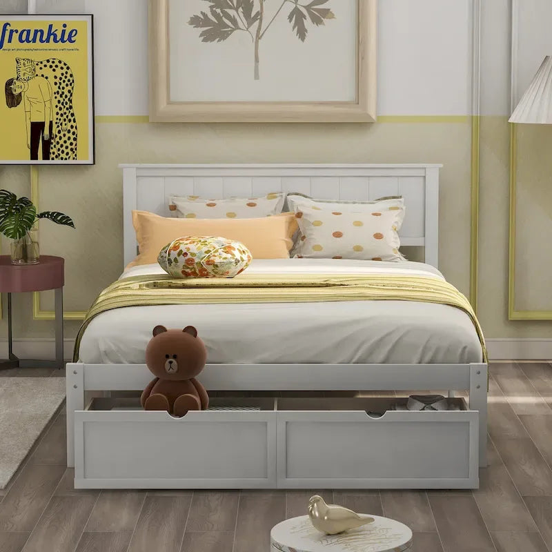 Letto a piattaforma grande grigio/bianco con 2 cassetti portaoggetti, per 1-2 persone