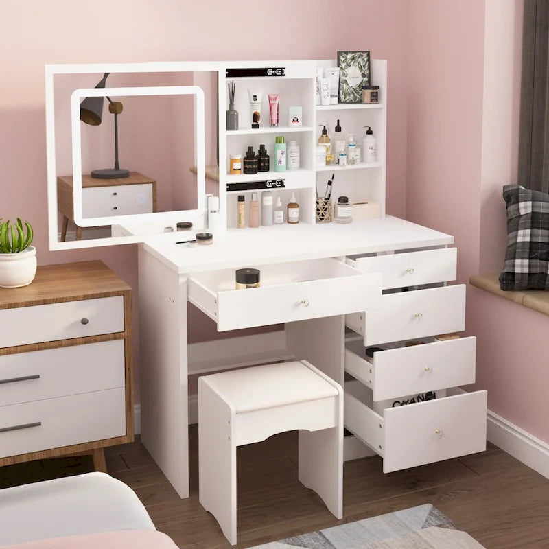 Set Tavolo da Trucco Bianco/Nero con Specchio LED a 3 Colori e Sgabello – 1 Persona
