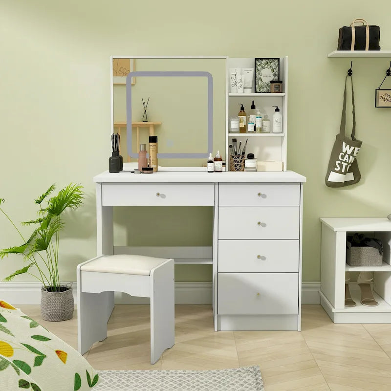 Set Tavolo da Trucco Bianco/Nero con Specchio LED a 3 Colori e Sgabello – 1 Persona