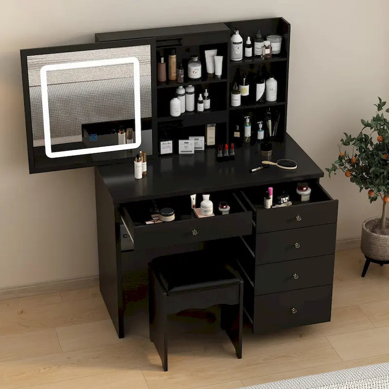 Set Tavolo da Trucco Bianco/Nero con Specchio LED a 3 Colori e Sgabello – 1 Persona