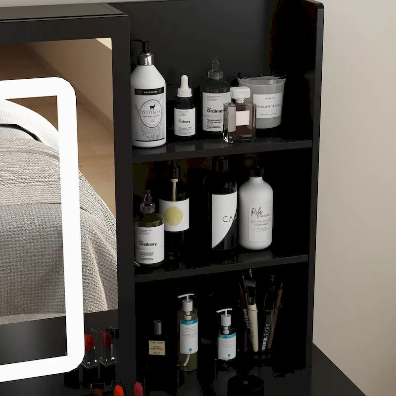 Set Tavolo da Trucco Bianco/Nero con Specchio LED a 3 Colori e Sgabello – 1 Persona