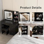 Set Tavolo da Trucco Bianco/Nero con Specchio LED a 3 Colori e Sgabello – 1 Persona