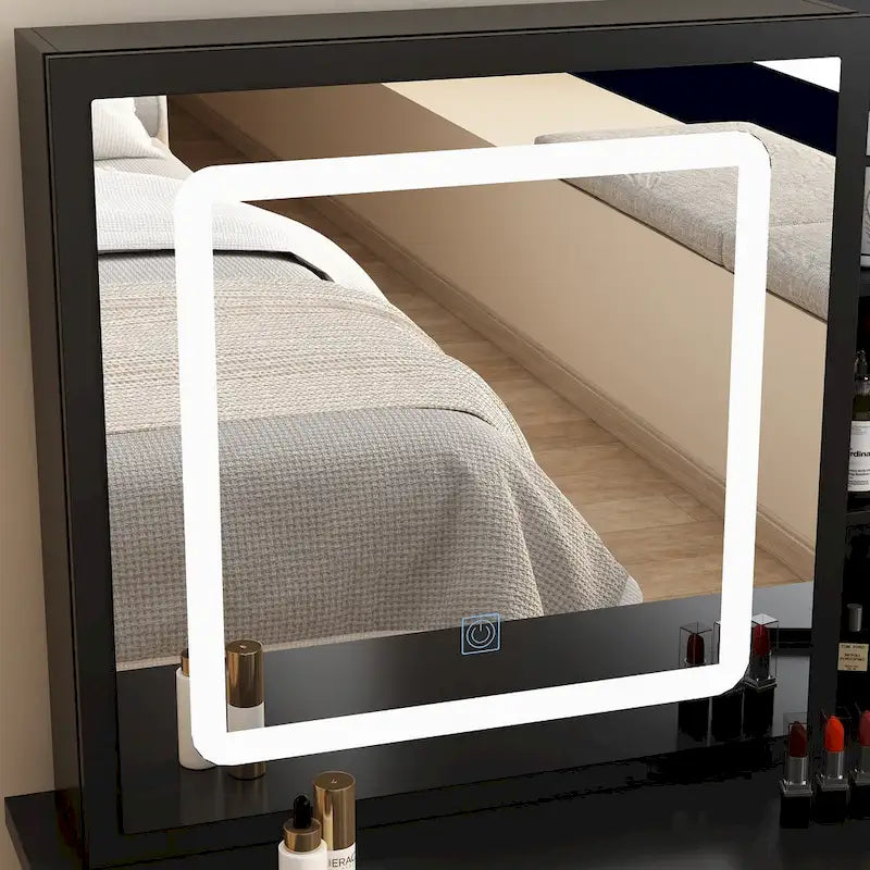 Set Tavolo da Trucco Bianco/Nero con Specchio LED a 3 Colori e Sgabello – 1 Persona