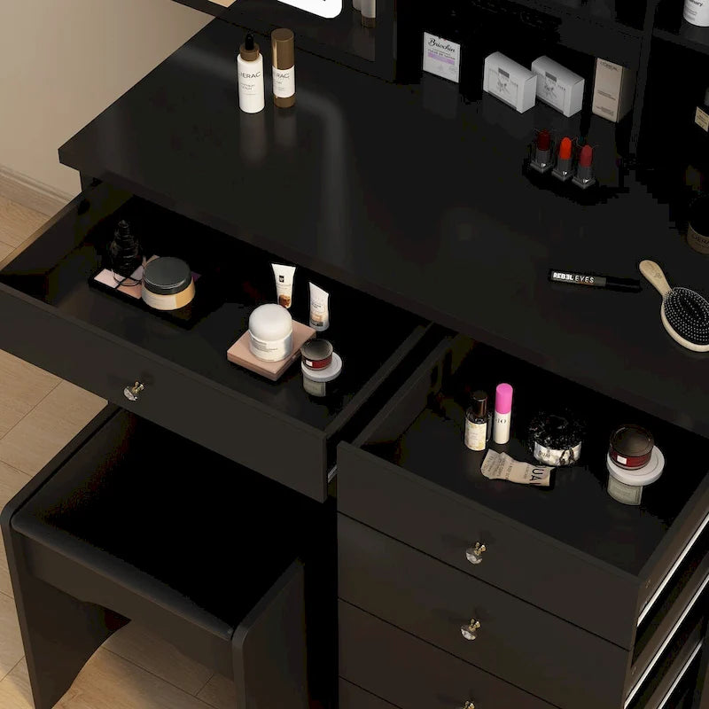 Set Tavolo da Trucco Bianco/Nero con Specchio LED a 3 Colori e Sgabello – 1 Persona